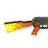 Pixelated animated icon of a firearm with orange and yellow muzzle flash, dark gray body, and visible magazine.