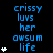 Blue pixelated text on black background with white star icons, displaying 'crissy luvs her awsom life' repeated across three and multiple