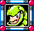 Pixelated character with green hair and white goggles in a blue-and-pink bordered frame, two identical side-by-side views.