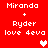 Red background displays two identical text blocks with 'Miranda + Ryder love 4eva' and heart symbols, one white and one pink.
