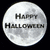 Six circular icons with a full moon background display sequential text changes: 'Happy Halloween', then 'Happy AND', 'Happy HAPPY', 'Happy BIRTHDAY', 'Happy TO', and 'Happy ME' in black and orange lettering.