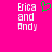A bright pink background displays white pixelated text reading "Erica and Andy" with a green pixelated heart symbol above the text on the left side.