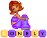 Pixel art of a seated woman with red hair in purple dress holding fabric, below which is the word 'LONELY' spelled across colored blocks.