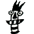 Pixelated cartoon character with spiky black hair, white and black striped body, large circular eyes, and a wide open mouth on gray background.