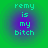 Four identical pixelated text on a green background with purple gradient circles, each displaying 'remy is my bitch' in cyan block letters