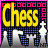 Yellow 'Chess' text above chess pieces on a blue and pink background with animated pixel changes