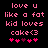 Pixelated pink text on black background reads 'love u like a fat kid loves cake<3' with four pink hearts below, one heart changes from pink to purple between frames.