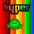 Pixel art buddy icon featuring a green cartoon character and the word 'hyper' against rainbow stripes, with visible dithering on the character's right side.