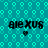 Pixelated teal background with repeating light teal hexagonal patterns, four instances of the text 'aieXus' in black, and small black heart symbols beneath each text instance.
