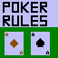 Static pixel art icon featuring "POKER RULES" text above two playing cards on a green background with light purple borders.
