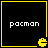 Four identical black square with yellow borders, each containing white text and a pixelated Pac-Man icon