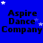 Blue background with repeated 'Aspire Dance Company' text in black, scattered white and light blue stars, and a gray rectangle in bottom-right corner.