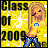 Pixelated image of a blonde woman with pink eyeliner, wearing blue jeans and a crop top with a small colorful symbol on it, standing against a yellow background with "Class Of 2009" text.