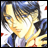 Pixelated anime-style character with dark blue hair and yellow skin, wearing a blue and white outfit, positioned next to black background with white text.