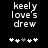 Black background displays white pixelated text 'keely love's drew' with five heart symbols below, where the third heart shifts from gray to white between frames.