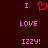 Pixelated text and heart symbol on dark background, with 'I' above red heart, 'LOVE' below it, and 'IZZY!' at bottom in pink.