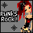 Pixel art buddy icon featuring a punk-styled character with red hair and black outfit against gray background, accompanied by bold text "PUNKS ROCK!" and starburst graphics.