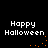 Black background with white pixelated text 'Happy Halloween' and orange pixelated dots forming a circular pattern.
