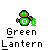 Pixelated character with green mask and chest emblem holding a glowing green lantern, below text reading 'Green Lantern' on gray background.
