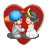 Red heart-shaped background with two pixelated figures holding hands, one in gray suit and blue hat, the other in white dress with yellow headband.