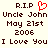 Pixelated memorial icon with brown text and red heart symbol on light background.