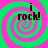 Four identical display a green and pink spiral background with the text "i rock!" in dark brown pixelated font