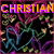 Pixelated image with 'CHRISTIAN' text in orange and purple, featuring heart-shaped patterns and floral motifs on a dark background.