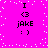 Pixelated icon with bright pink background, white dots scattered across, and repeated text elements including 'I', '<3', 'jake', ':)' in black pixel font.