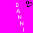 Static pixel art icon with bright pink background, white vertical text "DANNI" on left and right, black pixelated heart symbol centered above text.