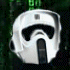 Six identical white helmets with black visors and dark rectangular mouthpieces arranged in two against a green digital matrix background