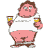 Pixelated cartoon character with pink skin, brown hair, and a white shirt holding two wine glasses against gray background.