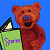 A pixelated animated contact sheet showing a brown bear mascot holding a green book with purple text on the left frame and green text reading "Original Icons .com" on a dark background in the right frame.