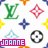 Pixelated static image of multiple distinct icons including a green monogram, pink diamond shape, blue cross, yellow plus sign, black circular pattern, and text reading JOANNE.