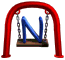 A blue letter N on a swing set with red arches and silver chains, shown in multiple states of swing motion.