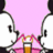 Pixelated pink background with white and black curved shapes framing a central orange-yellow object resembling a drink glass.