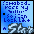 Two side-by-side animated frames of a pixel art buddy icon with blue gradient background, displaying text and star symbols that shift position between frames.