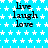 Blue background with white stars, repeated text 'live laugh love' in black pixelated font across multiple