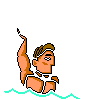 Pixelated cartoon character in swimwear performs water-based actions with a yellow ball against gray background.