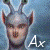 Pixelated image of a humanoid figure with large ears and antennae, wearing a helmet-like headpiece, with white text 'Ax' on a blue background.