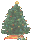 Two pixelated Christmas tree icons with green foliage, yellow and red ornaments, golden star toppers, and orange-yellow bases against gray background.