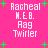 Pixelated text on bright pink background with green plus signs, showing 'Racheal', 'M.E.B.', 'Aag', 'Twirler' in white block letters across four