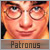 Pixelated close-up of a person's face with glasses, warm orange and yellow tones, and a rectangular banner below reading 'Patronus' in dark brown text.