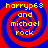 Four identical square arranged in a , each containing red and blue spiral patterns with yellow text reading 'harryp68 and michael rock' on a solid red background
