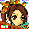 Pixel art anime-style character with brown hair in pigtails, wearing a yellow and orange flower headpiece and turquoise collar, shown across three animation frames with subtle facial expression changes.