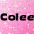 A static image displays the word "Colee" repeated six times in a pattern against a pink glittery background, with each instance rendered in a different solid color