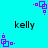 Cyan background with four black 'kelly' texts and multiple purple square-based pixel art icons in various orientations.