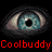 A 6-frame animated contact sheet of pixelated eyes with blue irises and black pupils, each frame showing a different eye expression or blink state, overlaid with red "Coolbuddy" text on a transparent background.