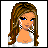 Pixel art cartoon of a woman with long brown hair and blue eyes wearing white top and checkered earrings, next to red text reading "I Love Talking" on gray background.