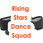 Pixelated orange text reads 'Rising Stars Dance Squad' with two black pixelated shapes on either side against a white background.