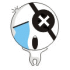 A circular cartoon character with a black eye patch over one eye, blue and white face sections, and an open mouth; orange Chinese characters appear below it.